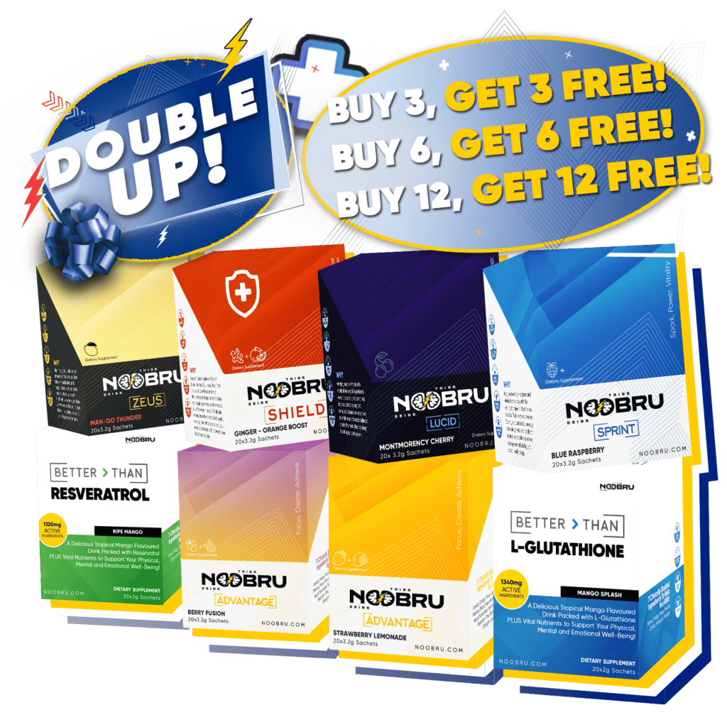 Promotional banner displaying various Noobru products, including Zeus, Shield, Lucid, Sprint, Advantage, Better Than Resveratrol, and Better Than L-Glutathione. Text reads 'Double Up! Buy 3, Get 3 Free! Buy 6, Get 6 Free! Buy 12, Get 12 Free!' with colorful product packaging in the foreground
